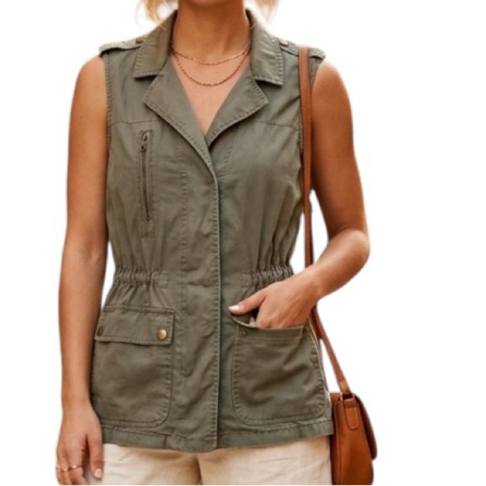 Ashley Sleeveless Utility Cargo Vest Army Green 100%cotton Safari Resortwear